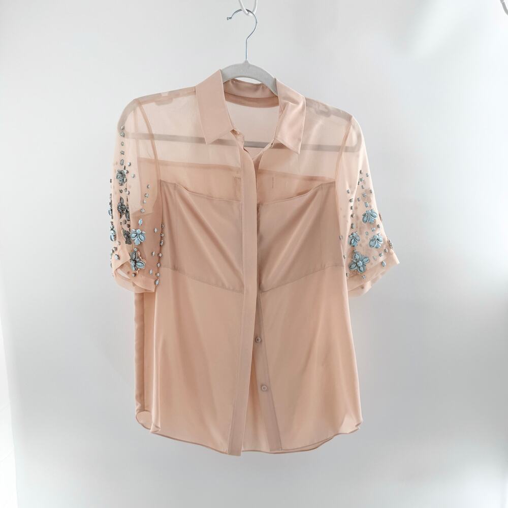 NWOT Rebecca Taylor 100% Silk Embellished Short Sleeve Blouse Peach Women's 4